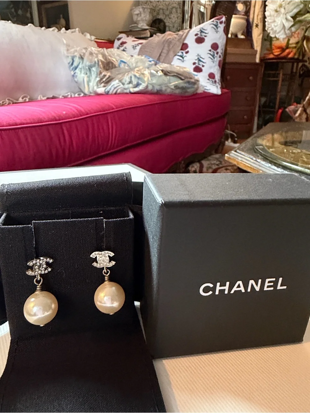 CHANEL Authentic CHANEL Crystal CC Pearl Dangle Drop Earrings Silver with Box